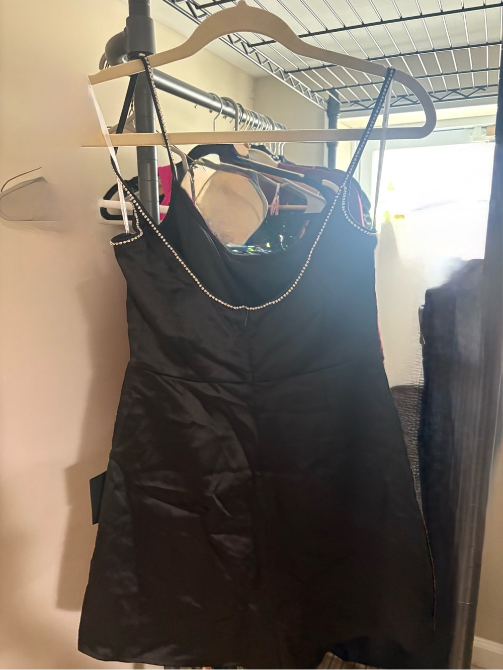 Lulu's Black Satin Mini Dress with Rhinestone Straps